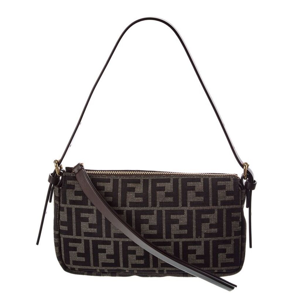 Fendi Zipper Top Small Ff Jacquard & Leather Shoulder Bag, Brown